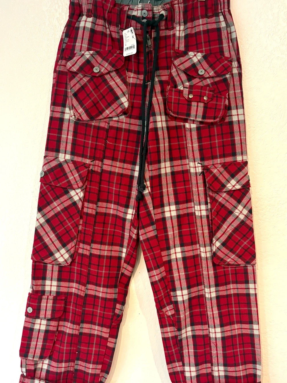 Free People Tahiti Cargo Pants Red Plaid NWT Size M MSRP $168